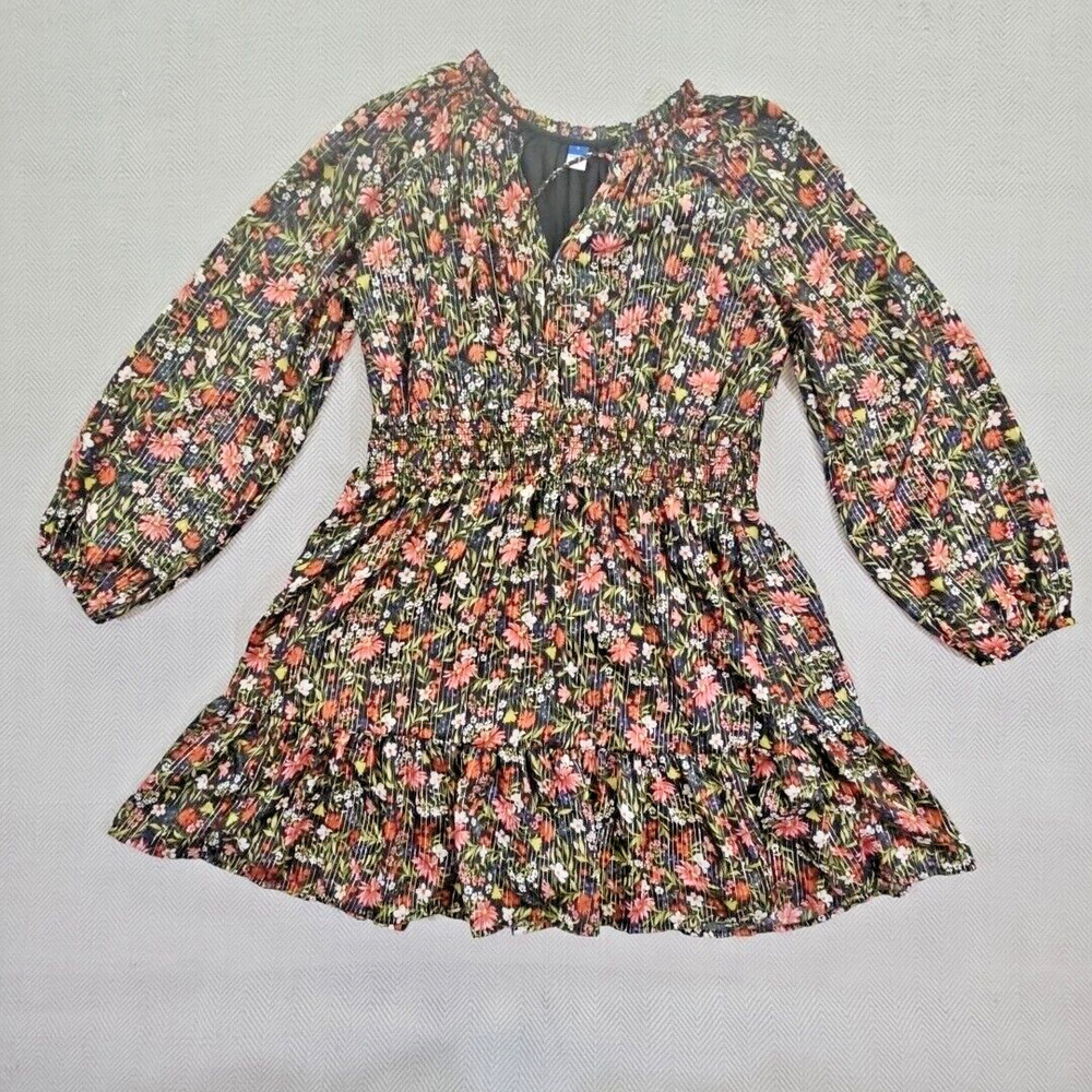 Old Navy Large Dark Floral Gold Metallic Midi Dress Smocked‎ Waist Fairy Goth